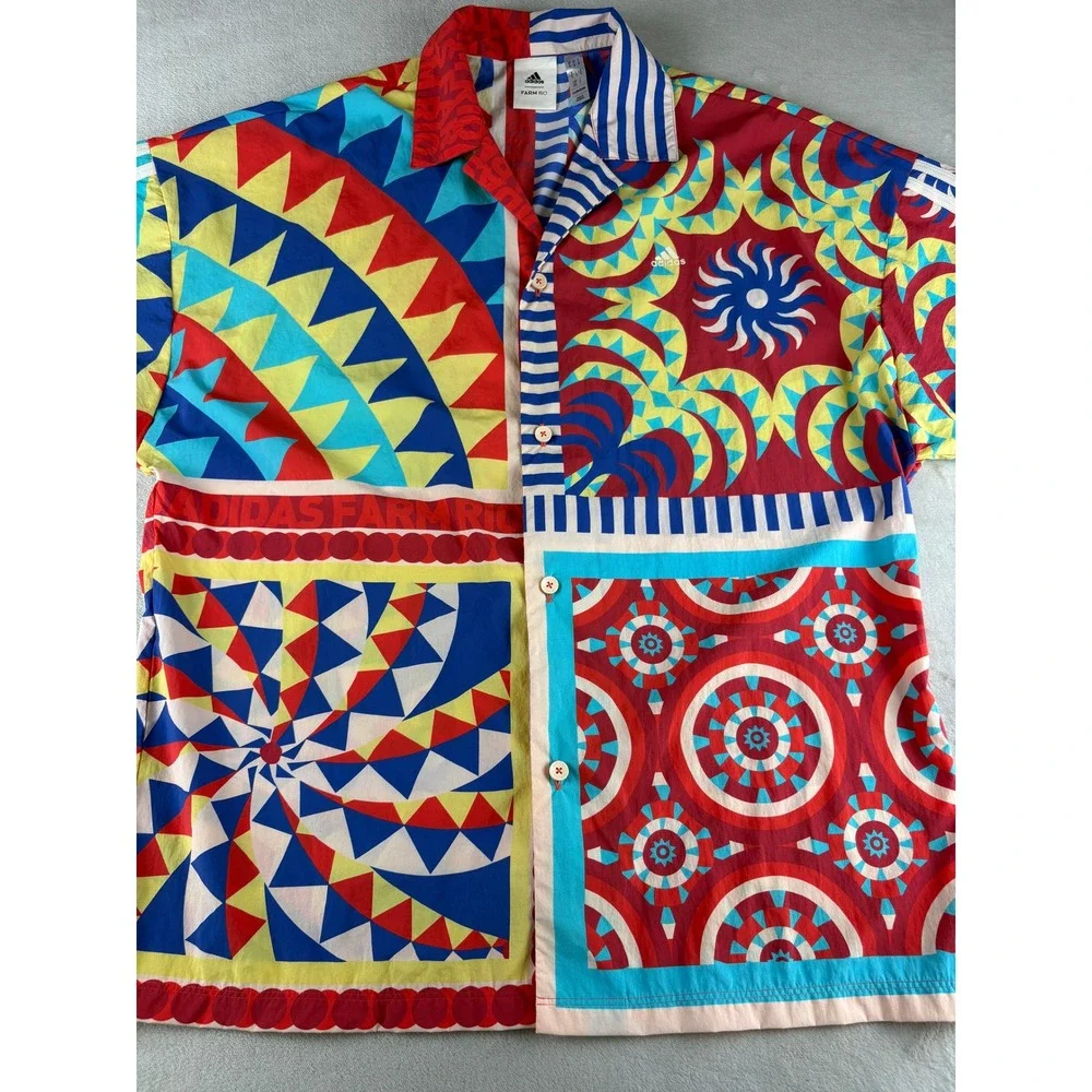 Adidas x FARM Rio Womens Multi Color Geometric Patchwork Button Down Shirt M